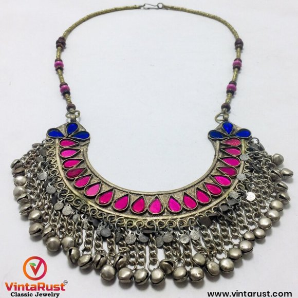 Beaded Chain Choker Necklace With Pink Glass Stones, Tribal Statement - Picture 6 of 9